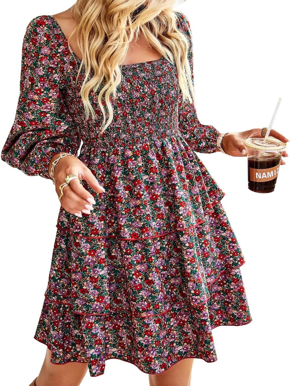 NWOT square neck, long sleeve, smocked, ruffle hem, floral mini dress
